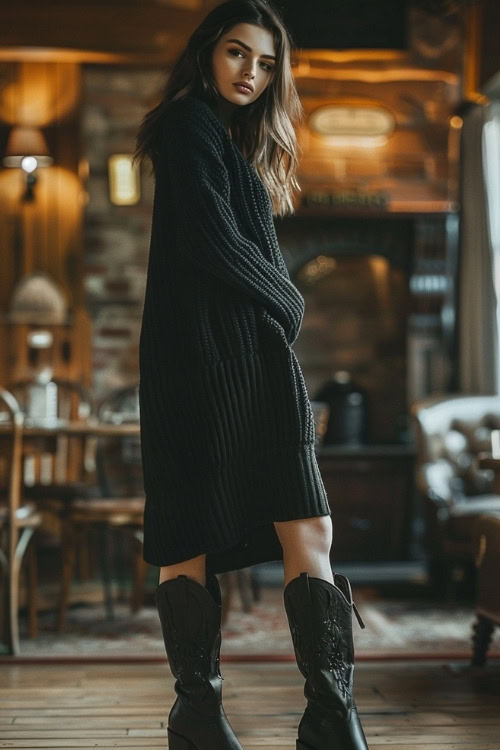 a woman wears a long black sweater dress and black cowboy boots