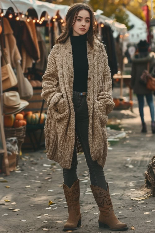 a woman wears a long cardigan, a black turtleneck, black jeans and brown cowboy boots