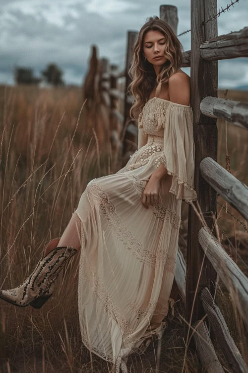 a woman wears a long dress and snakeskin cowboy boots