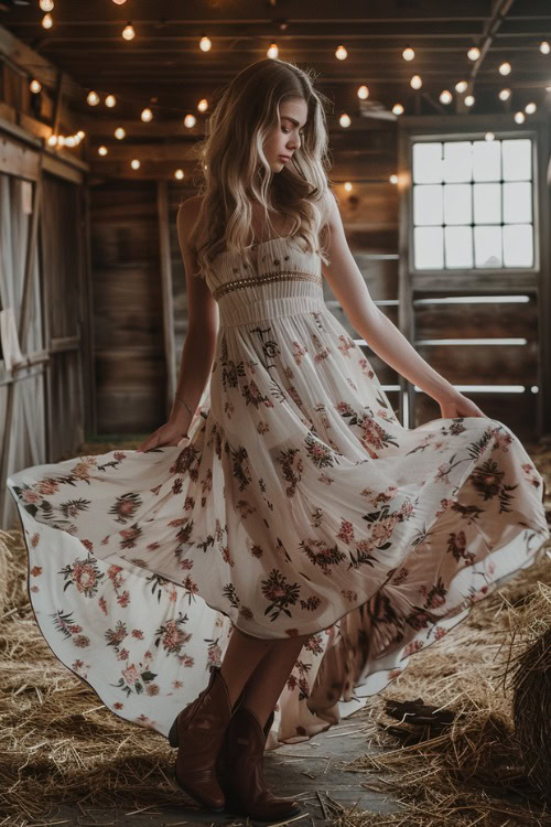 a woman wears a long floral dress and ankle cowboy boots