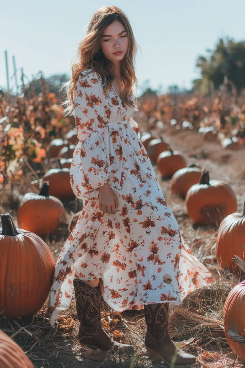 a woman wears a long floral dress and brown cowboy boots