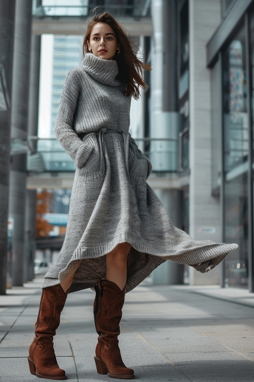 a woman wears a long grey sweater dress and brown cowboy boots