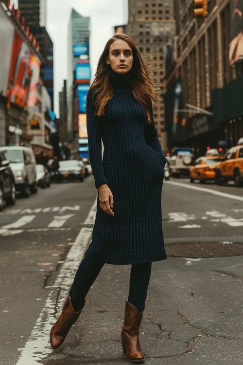 a woman wears a long navy sweater dress, tights and brown cowboy boots