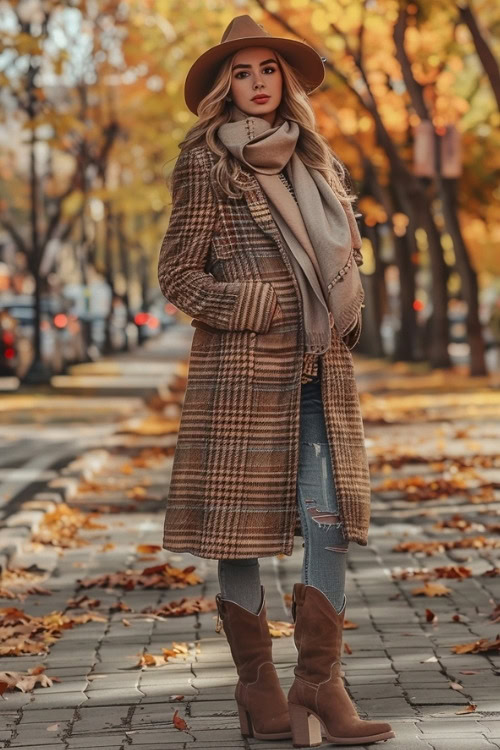 a woman wears a long plaid coat, ripped jeans and brown cowboy boots