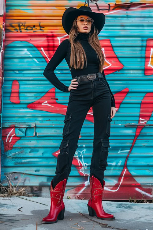 a woman wears a long-sleeved top, black cargo pants and red cowboy boots