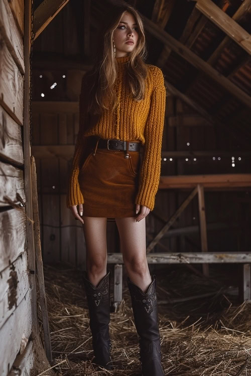 a woman wears a mustard sweater, a suede skirt and black cowboy boots