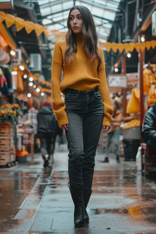 a woman wears a mustard sweater, black jeans and black cowboy boots