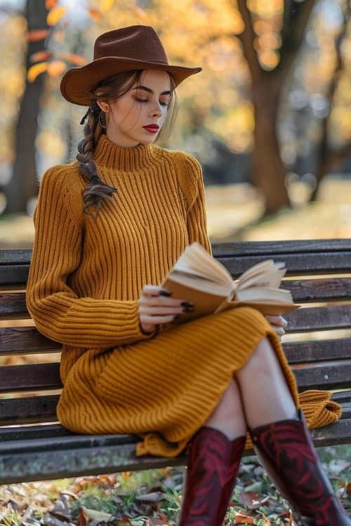 a woman wears a mustard sweater dress and red cowboy boots