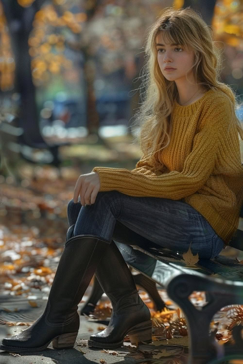 a woman wears a mustard sweater, jeans and black cowboy boots