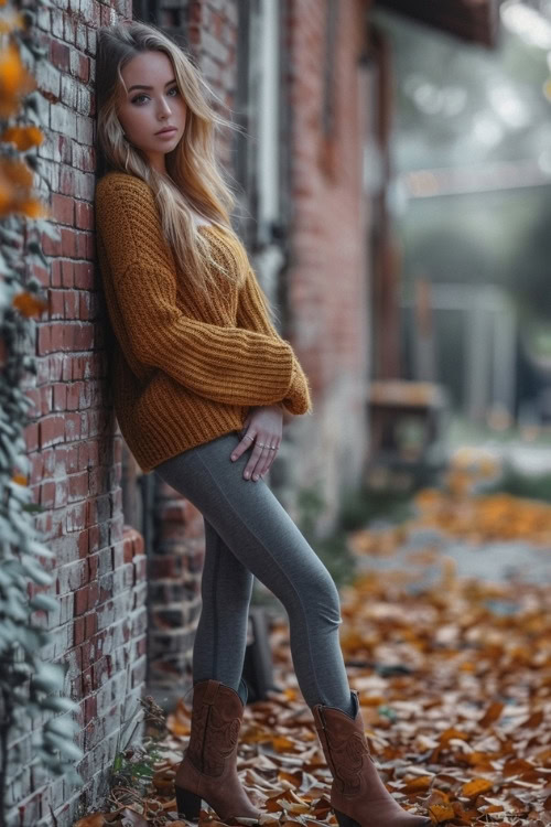 a woman wears a mustard sweater, jeans and brown short cowboy boots