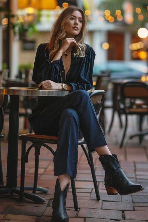 a woman wears a navy blouse and a navy pants with black ankle cowboy boots in a cafe