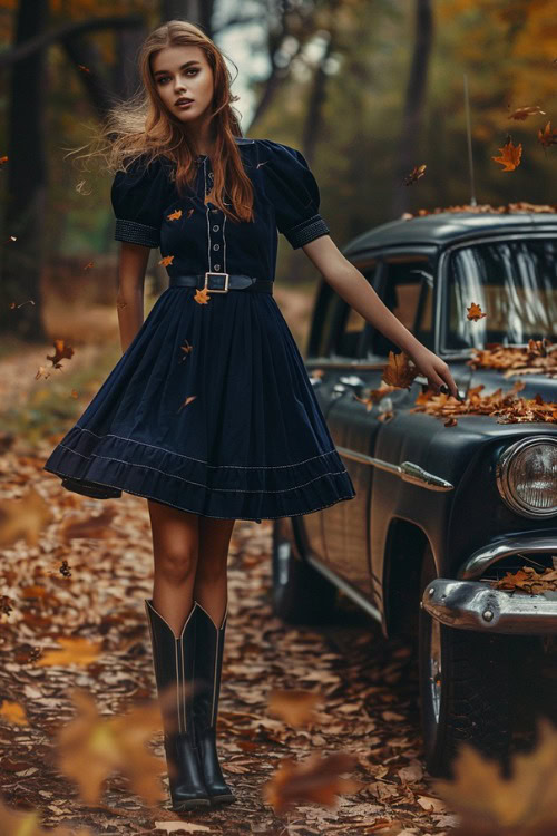 a woman wears a navy dress with black cowboy boots