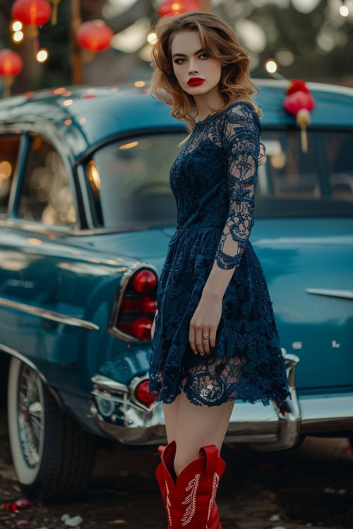 a woman wears a navy lace dress and red cowboy boots