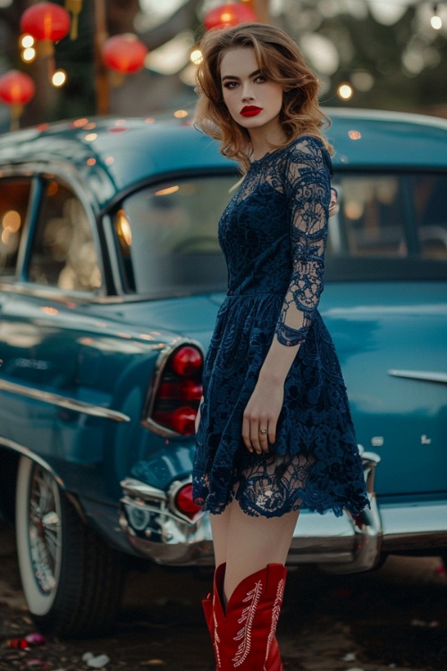 a woman wears a navy lace dress with red cowboy boots