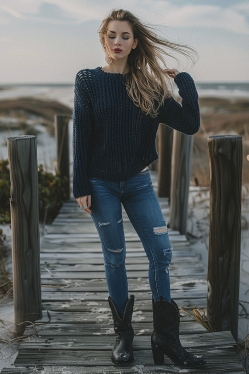 a woman wears a navy sweater, ripped blue jeans and black cowboy boots