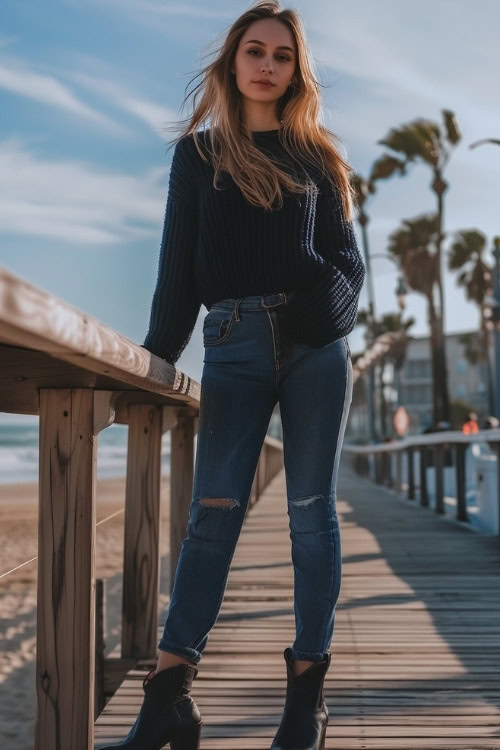 a woman wears a navy sweater, ripped jeans and black ankle cowboy boots