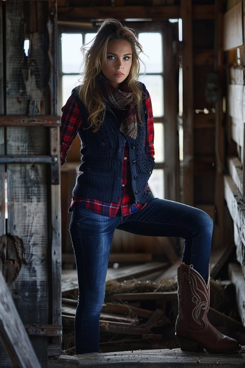 a woman wears a navy sweater vest, a plaid shirt, blue jeans and brown cowboy boots