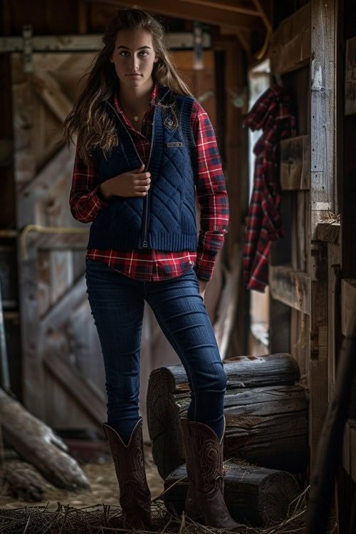 a woman wears a navy sweater vest, a plaid shirt, jeans and brown cowboy boots