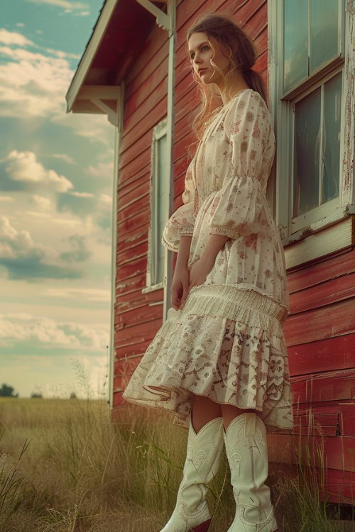 a woman wears a patterned white dress and white cowboy boots