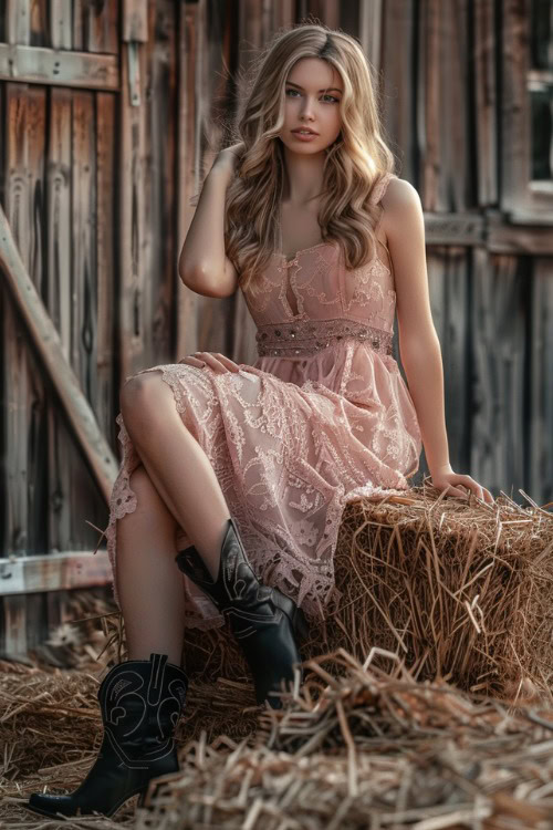 a woman wears a pink dress and black cowboy boots