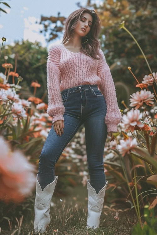 a woman wears a pink sweater, blue jeans and white cowboy boots