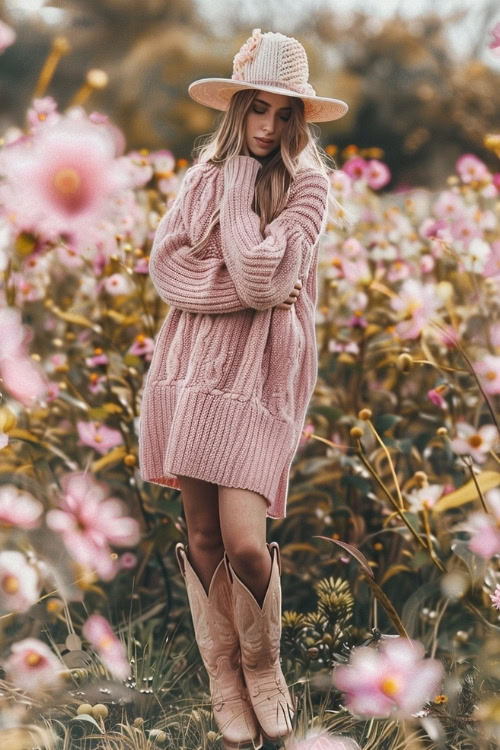 a woman wears a pink sweater dress, a hat and light brown cowboy boots