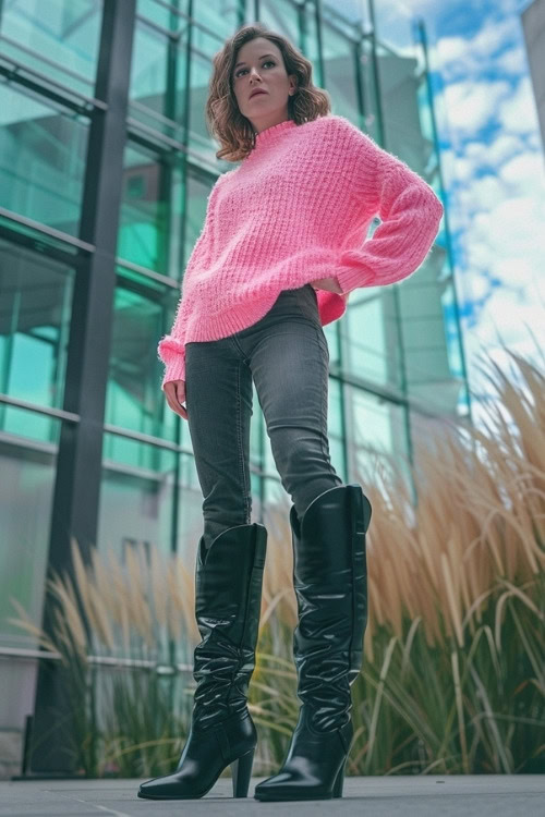 a woman wears a pink sweater, jeans and black cowboy boots