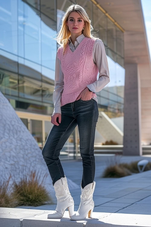 a woman wears a pink sweater vest, a shirt, dark jeans and white cowboy boots