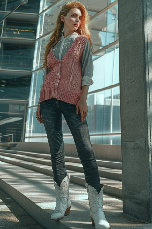 a woman wears a pink sweater vest, a shirt, jeans and white cowboy boots