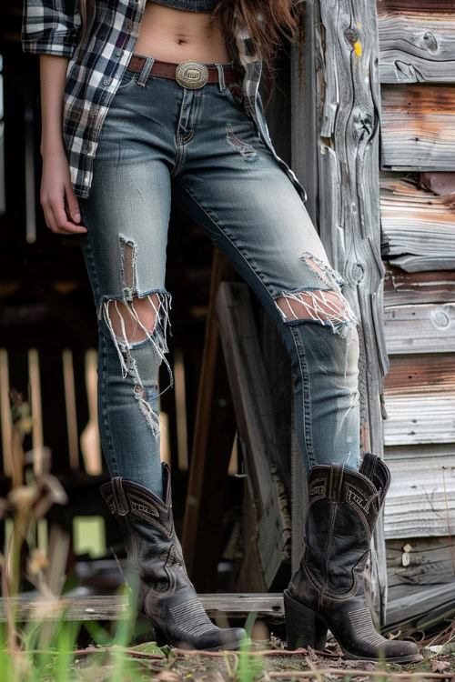 a woman wears a plaid shirt, ripped jeans with black short cowboy boots