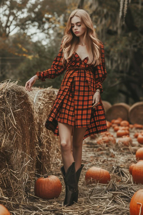 a woman wears a red checkered dress and black cowboy boots (2)