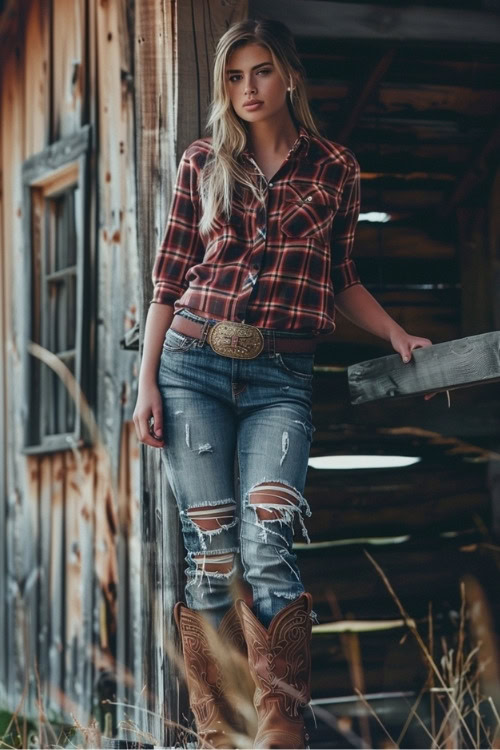 a woman wears a red plaid shirt, ripped jeans and brown cowboy boots