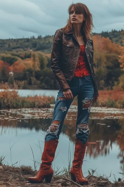 a woman wears a red shirt, a leather jacket, ripped jeans and red cowboy boots