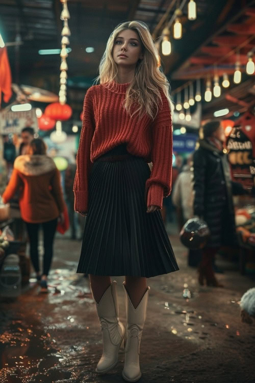 a woman wears a red sweater, a pleated skirt and white cowboy boots