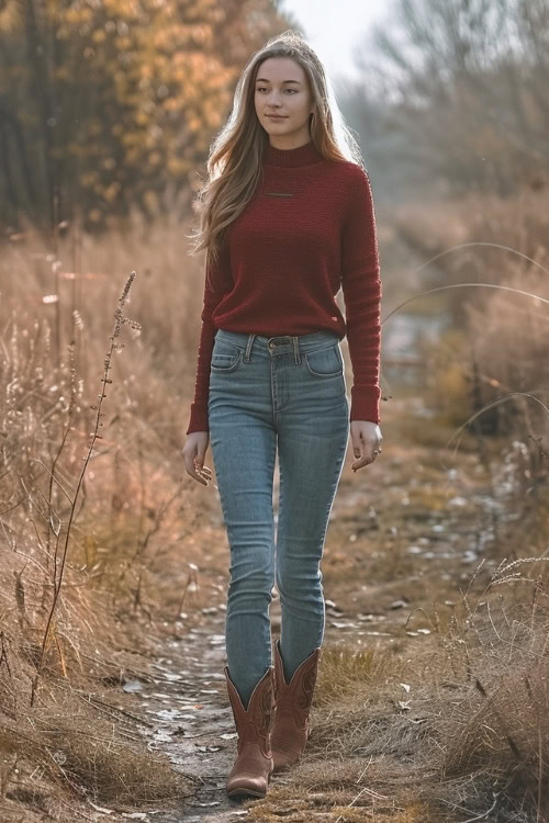 a woman wears a red sweater, blue jeans and brown ankle cowboy boots