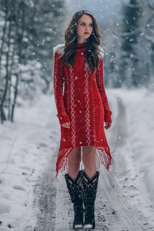 a woman wears a red sweater dress and black cowboy boots