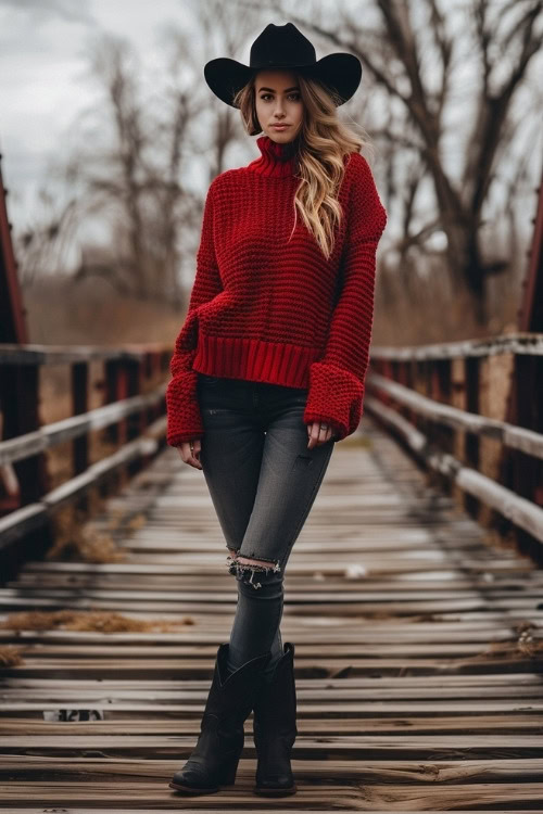 a woman wears a red sweater, ripped jeans and black cowboy boots