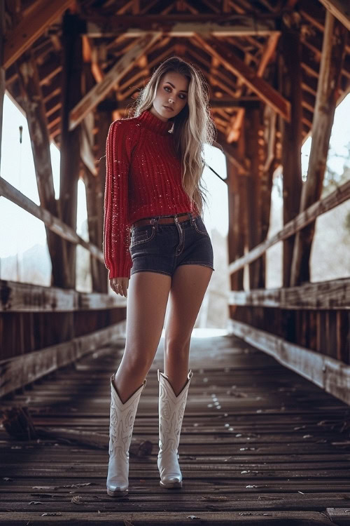 a woman wears a red sweater, shorts and white cowboy boots (2)