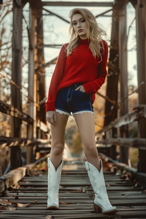 a woman wears a red sweater, shorts with white cowboy boots