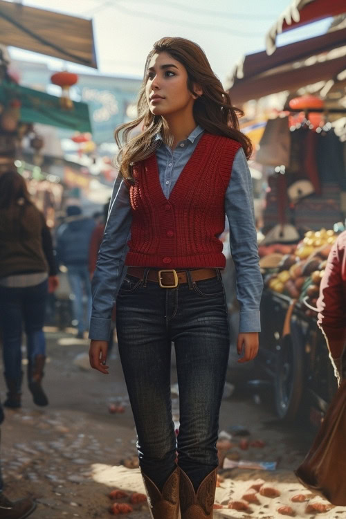 a woman wears a red sweater vest, a denim shirt, jeans and brown cowboy boots