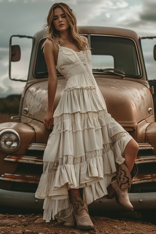 a woman wears a ruffle white dress with brown cowboy boots