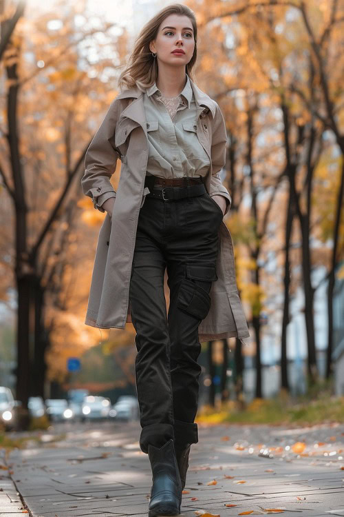 a woman wears a shirt, a trench coat, black cargo pants and black ankle cowboy boots