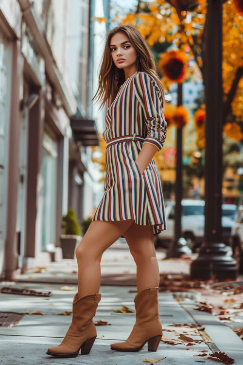 a woman wears a striped dress with brown short cowboy boots