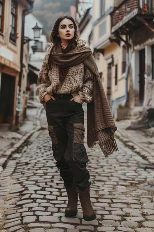 a woman wears a sweater, a scarf, black cargo pants and brown cowboy boots