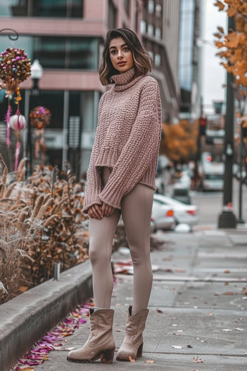 a woman wears a sweater, beige pants with short cowboy boots