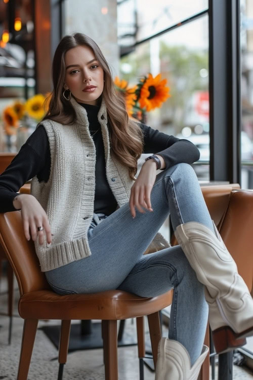 a woman wears a sweater vest, a black turtleneck, blue jeans and white cowboy boots