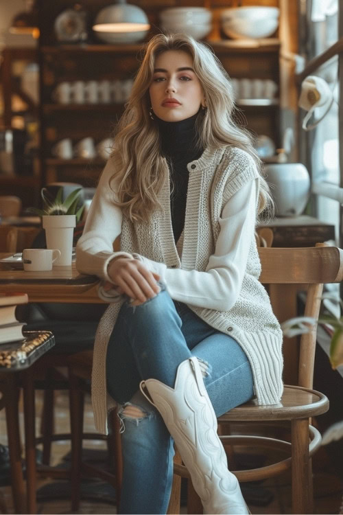 a woman wears a sweater vest, a black turtleneck, ripped jeans and white cowboy boots