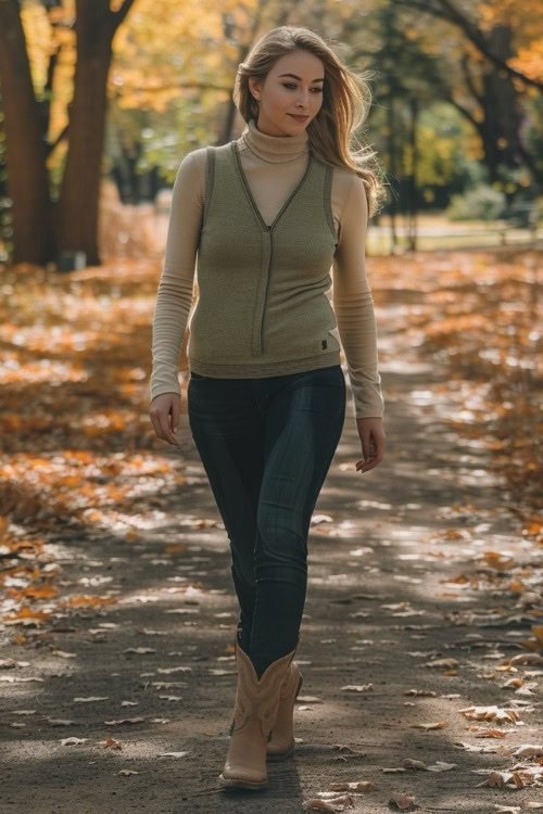 a woman wears a sweater vest, a turtleneck, jeans and brown cowboy boots