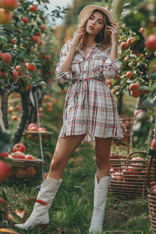 a woman wears a tartan white dress with white cowboy boots