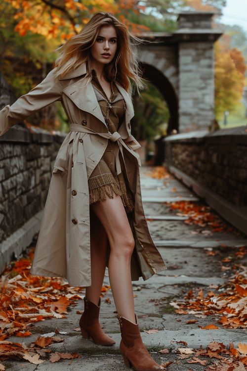 a woman wears a trench coat, a mini dress with brown ankle cowboy boots